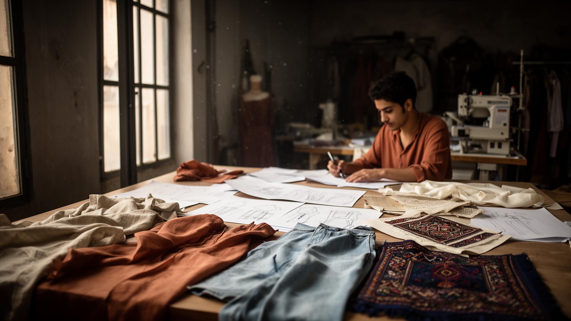 Atelier de mode marocain — créateur travaillant sur croquis et matières (lin, denim, broderie)